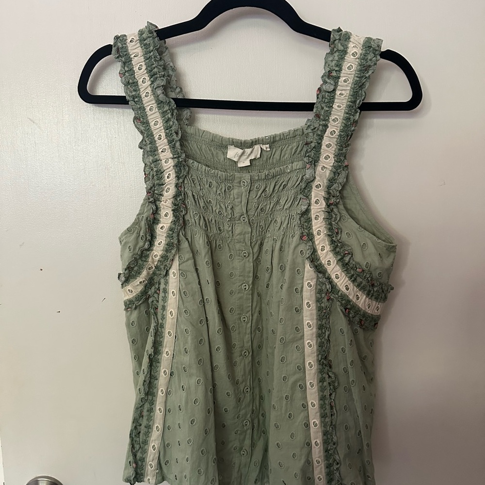 Anthropologie Green Smocked Ruffled Tank Top